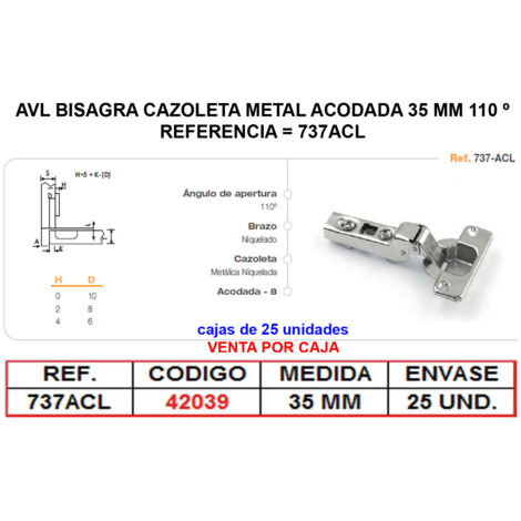 avl bisagra cazoleta metal acodada 35 mm a 110 º clip on  737acl (caja 25 unidades)