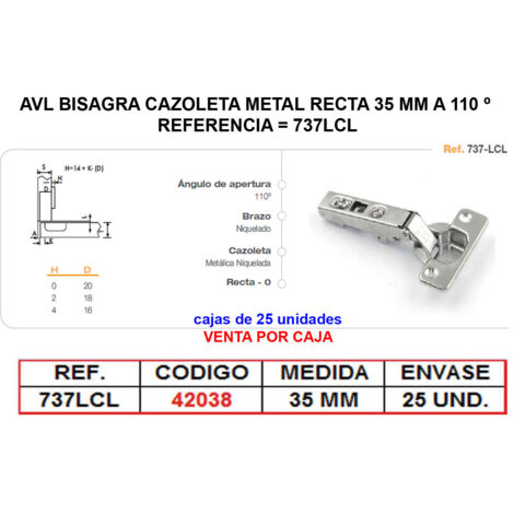 avl bisagra cazoleta metal recta 35 mm a 110 º clip on  737lcl (caja 25 unidades)