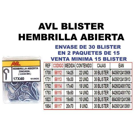 avl blister hembrilla-cancamo abierta 19x60 zincada  1823 (caja 15 unidades)