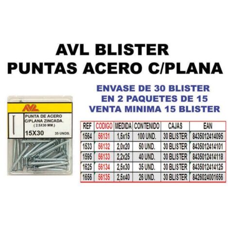 avl blister punta puntill acero 2,5x30 cabeza plana zincada 1625 (caja 15 unidades)