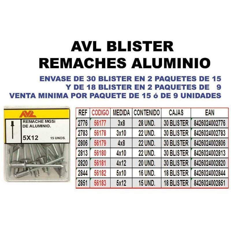 

avl blister remaches aluminio 5x12 2851 (caja 9 unidades) - Mibricotienda