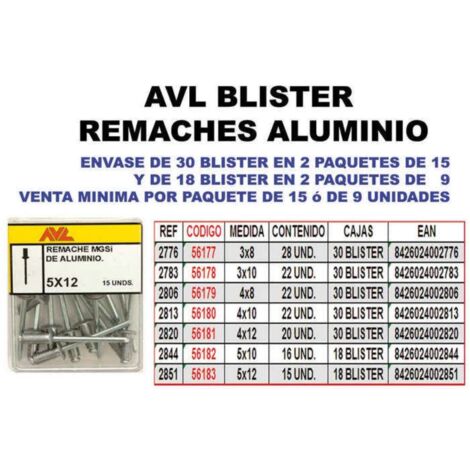 avl blister remaches aluminio 5x12    2851 (caja 9 unidades)