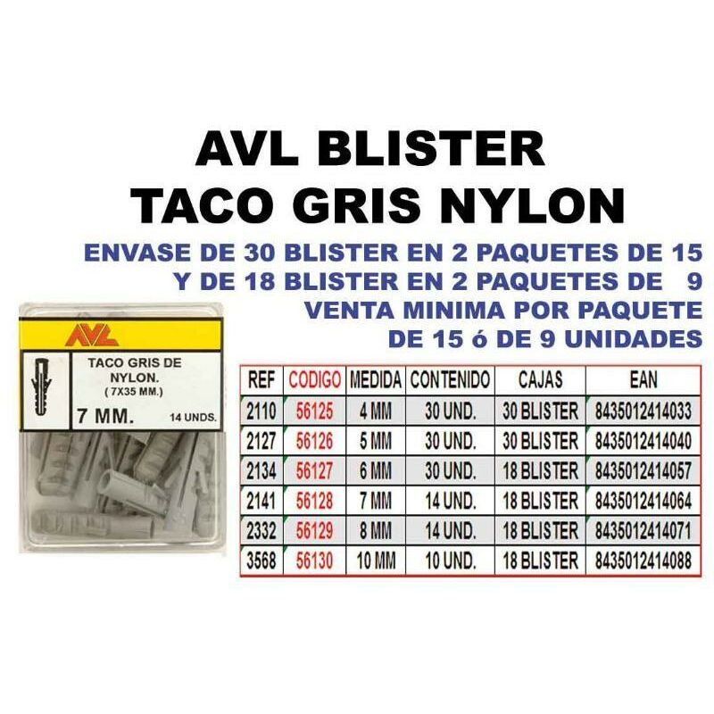 

MIBRICOTIENDA avl blister taco gris nylon 6 mm 2134 (caja 9 unidades)