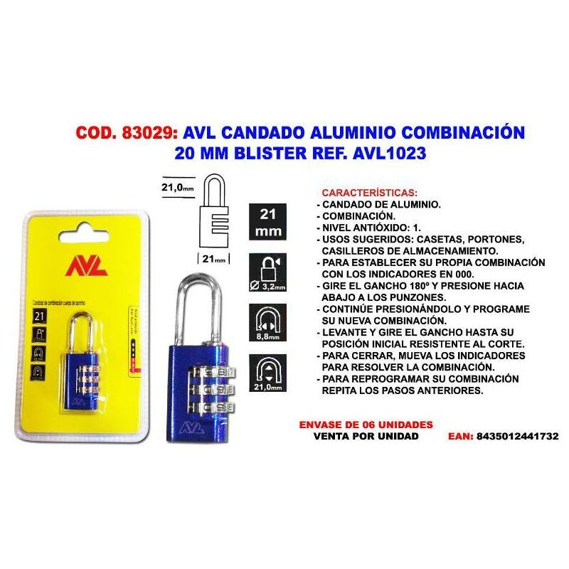 

MIBRICOTIENDA avl candado combinacion 20 mm blister avl1023