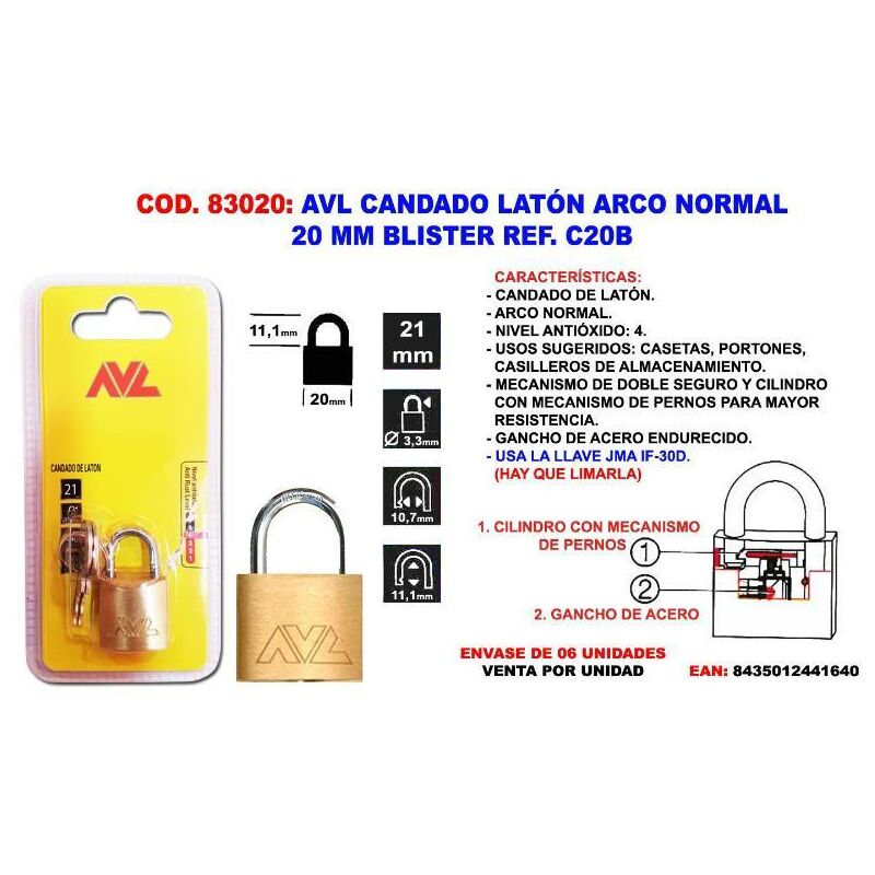 

avl candado laton a-normal 20 m.m. blister c20b - Mibricotienda