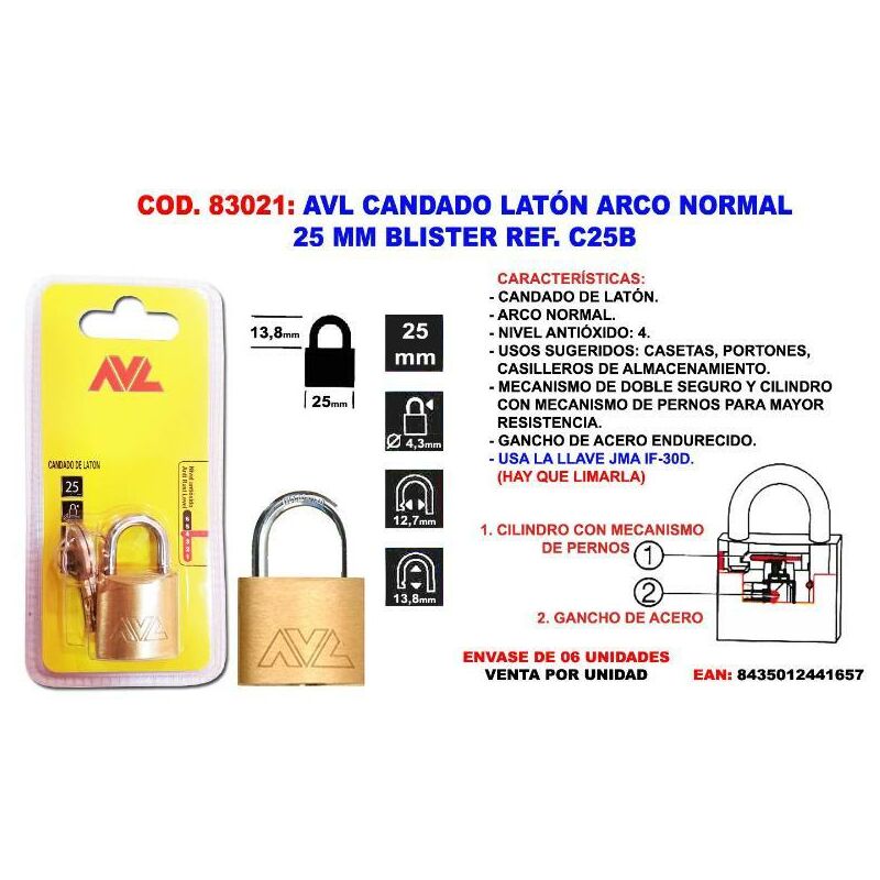 

avl candado laton a-normal 25 m.m. blister c25b - Mibricotienda