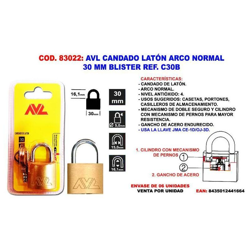 

avl candado laton a-normal 30 m.m. blister c30b - Mibricotienda