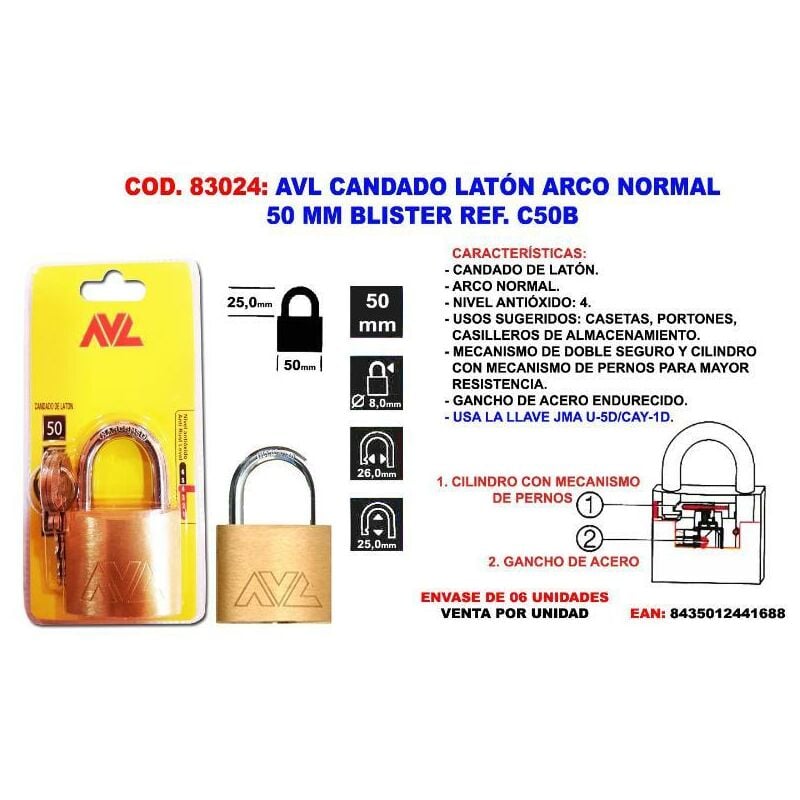

avl candado laton a-normal 50 m.m. blister c50b - Mibricotienda