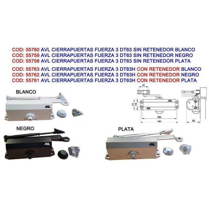 

avl cierrapuertas fuerza 3 dt63 sin retenedor plata - Mibricotienda