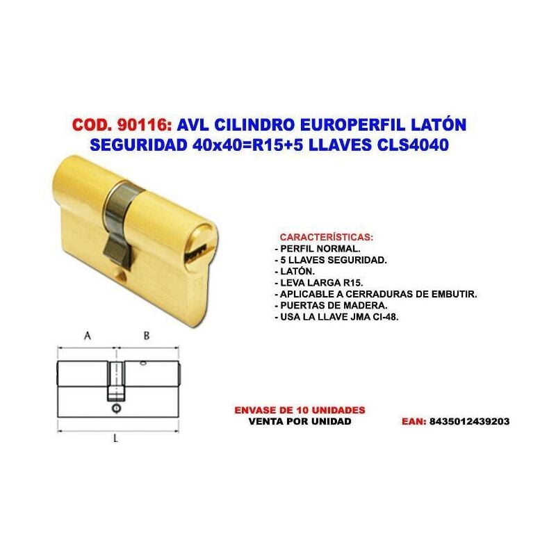 

avl cilindro europerfil lat. seguridad 40x40 r15+5 llav. cls4040 - Mibricotienda