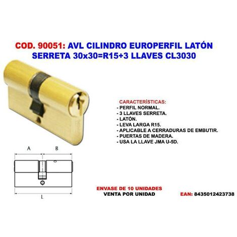 avl cilindro europerfil laton serreta 30x30 r15+3 llaves cl3030