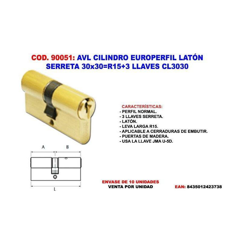 

avl cilindro europerfil laton serreta 30x30 r15+3 llaves cl3030 - Mibricotienda