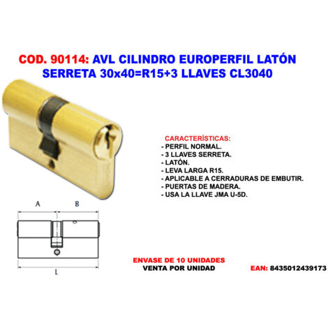 avl cilindro europerfil laton serreta 30x40 r15+3 llaves cl3040