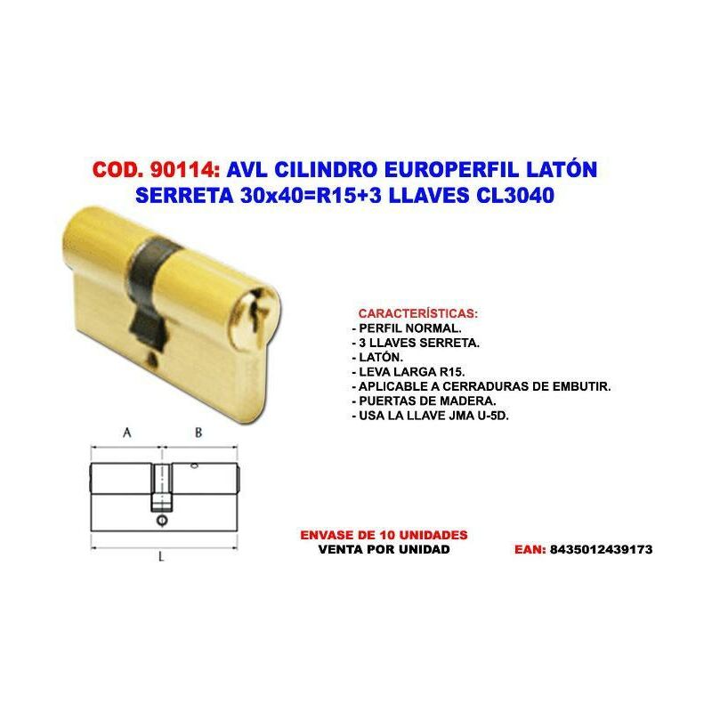 

avl cilindro europerfil laton serreta 30x40 r15+3 llaves cl3040 - Mibricotienda