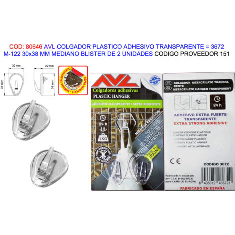 Avl colgador plástico adhesivo transparente 30x38 mm