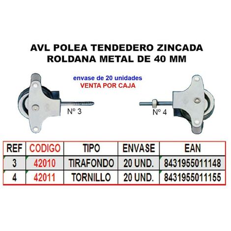 avl polea tendedero 3 zinc 40mm roldana metal+tirafondo hr05s (caja 25 unidades)