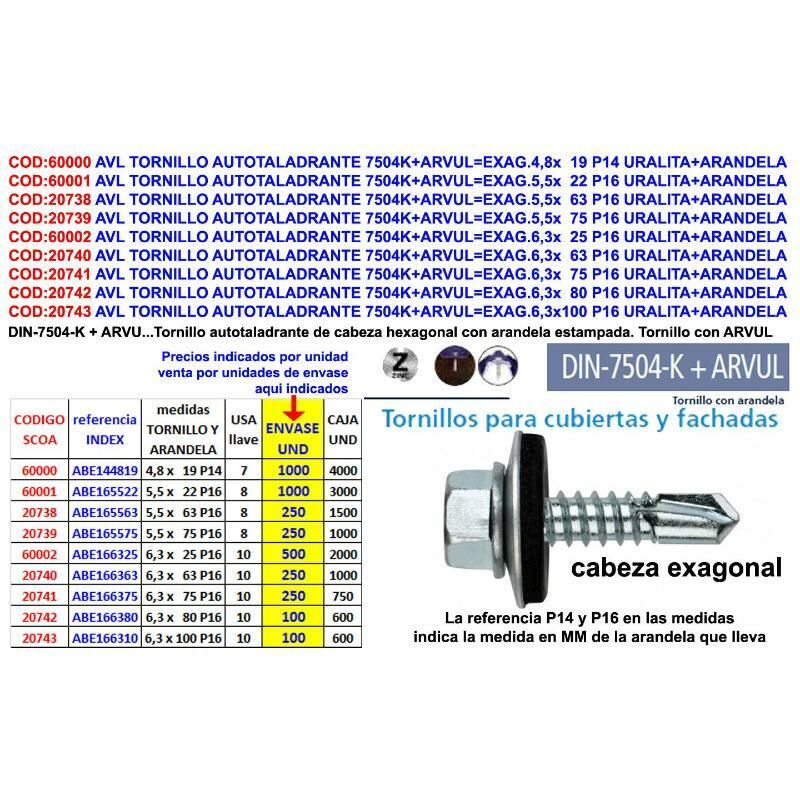

MIBRICOTIENDA avl tornillo autotaladrante 7504k+arvul exag.5,5x 22 p16 uralit (caja 1000 unidades)