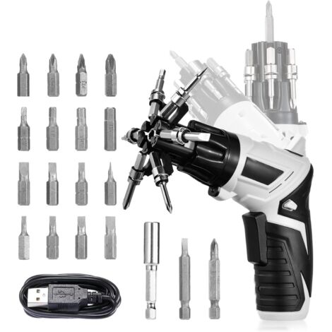 Avvitatore Elettrico, Avvitatore a Batteria 2.5 Nm ,uci a LED, Caricatore Cavo USB, 1300mAh Li-ion 3,6V,Corpo rotante a 180° con 6 punte a cambio rapido e 19 accessori per punte