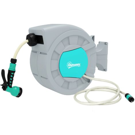 Avvolgitubo Automatico a Parete e Portatile Lunghezza 30+2 m con Sistema di Blocco e 7 Getti Verde e Grigio