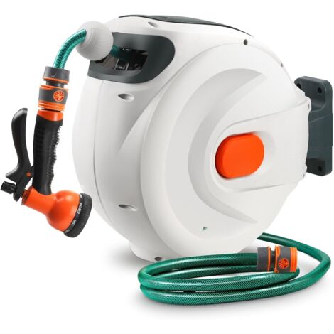 Avvolgitubo retrattile da parete 20M, girevole a 180° con ugello spray 8 in 1 e tubo di piombo, Riavvolgimento Automatico con Sistema di Blocco