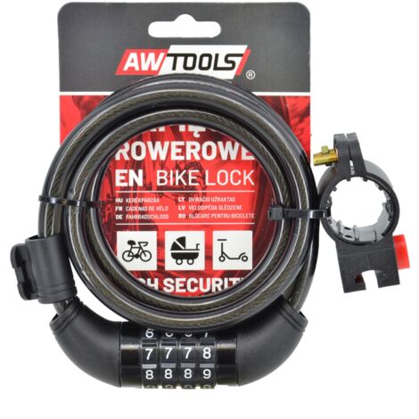 AWTOOLS - Candado de bicicleta FI 10 x 120cm con combinación, ideal para seguridad de bicicletas, diseño resistente, alta flexibilidad, fácil de usar, perfecto para uso urbano y profesional.