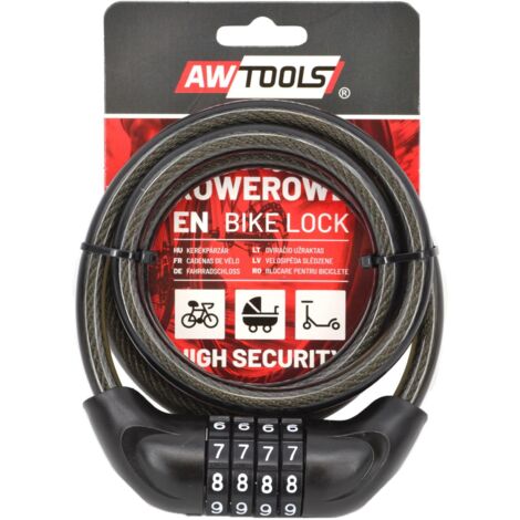 AWTOOLS - Candado de bicicleta FI 10 x 120cm con combinación, ideal para seguridad de bicicletas, diseño resistente, sistema de código, alta flexibilidad, perfecto para uso urbano y profesional.