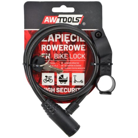 AWTOOLS - Candado de bicicleta FI 8 x 65cm, ideal para seguridad de bicicletas, diseño resistente, alta flexibilidad, fácil de usar, perfecto para uso urbano y profesional.