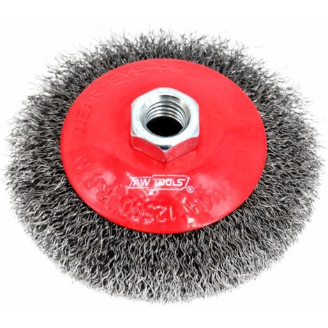 Awtools, Cepillo cónico 115 mm, herramienta de limpieza, ideal para eliminar óxido y pintura, alta calidad, rosca M14, para trabajos profesionales, color metálico