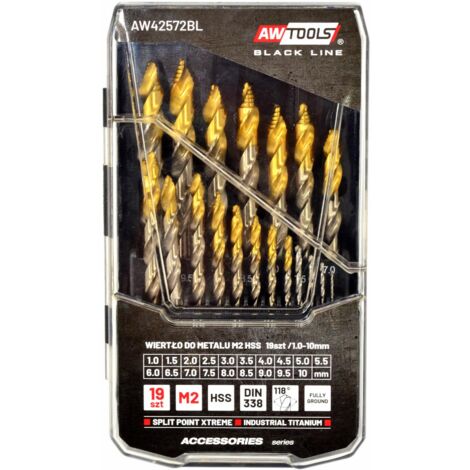 AWTOOLS Metallbohrer M2 HSS-TiN Set 19-teilig 1,5-10 mm schwarze Linie