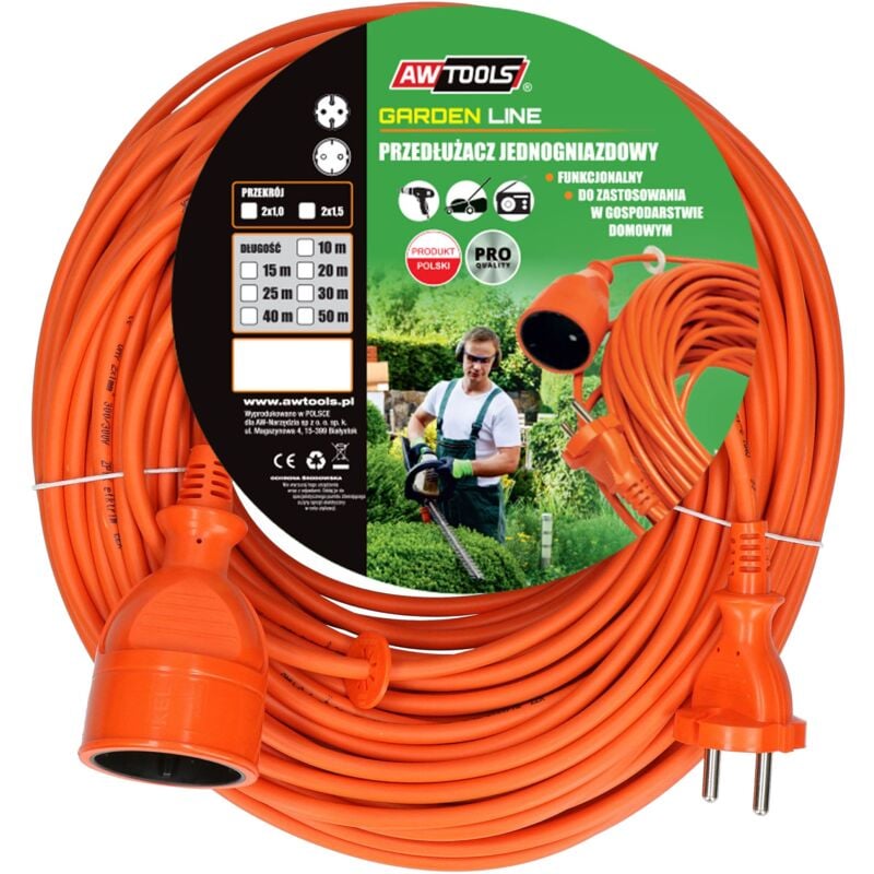 Awtools przedłużacz ogrodowy jednogniazdowy 25m bez uziemienia / 2x1,0mm / 10a / 230v / 2500w