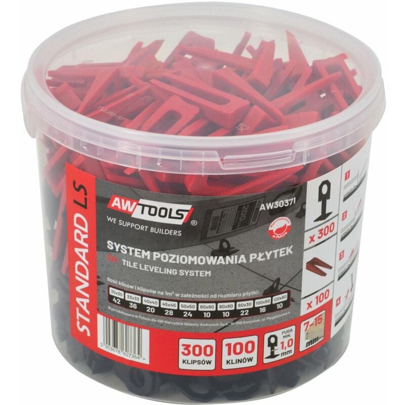 Awtools system poziomowania płytek standard 1,0mm - 7-15mm - klips 300szt. + klin 100szt.