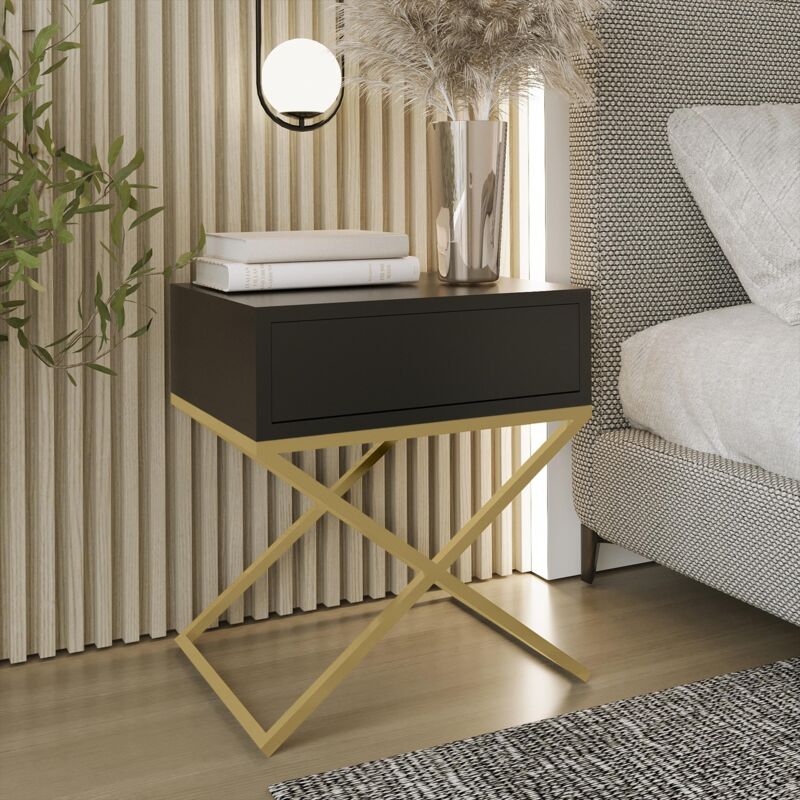 Ax Living Nachttisch Modern Aleio X 45cm, Schwarz, Goldenes Gestell