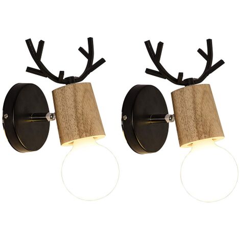 Axhup – Lot de 2 appliques murales cerf en bois noir – E27 pour éclairage intérieur – Lampe murale chambre et escalier – Design rétro