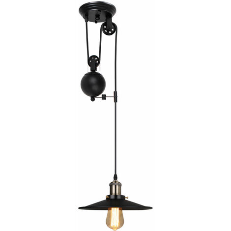 Axhup – Suspension lustre à poulie vintage industrielle noire – Lampe métal E27 – Design ajustable pour cuisine, salon, restaurant – 40W max
