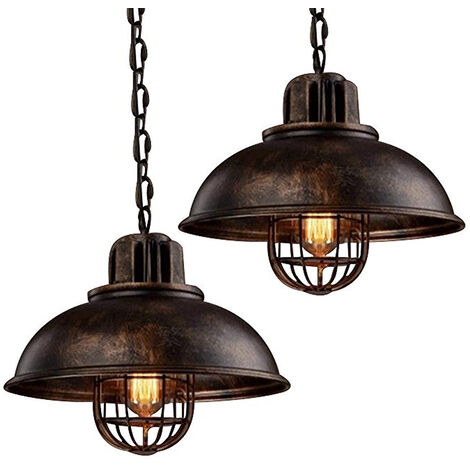 Axhup – Lustre suspension industrielle rétro vintage E27 33cm – Abat-jour métal finition rouille – Lot de 2 – Hauteur 26cm, câble 100cm