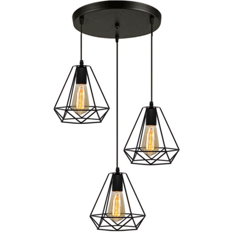 Axhup – Lustre suspension industrielle E27 LED 40W Ø20cm – Cage diamant vintage – Éclairage noir pour espaces modernes – Longueur câble 100cm