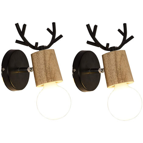 Axhup – Pack de 2 appliques murales tête de cerf en bois et fer – Style nordique créatif – Éclairage 10-15 m² – Corps pivotant 360°