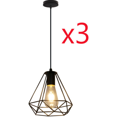 Axhup – Suspension luminaire industrielle en métal noir – Design cage diamant – Abat-jour 20x20cm – Câble réglable 100cm – Lot de 3 pièces