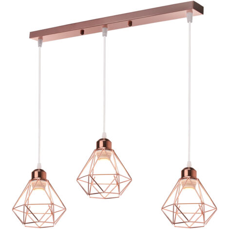 Axhup – Suspension rétro vintage en métal fer – Lustre industriel rectangulaire 3 lumières – Finition dorée rose – Câble ajustable 100 cm