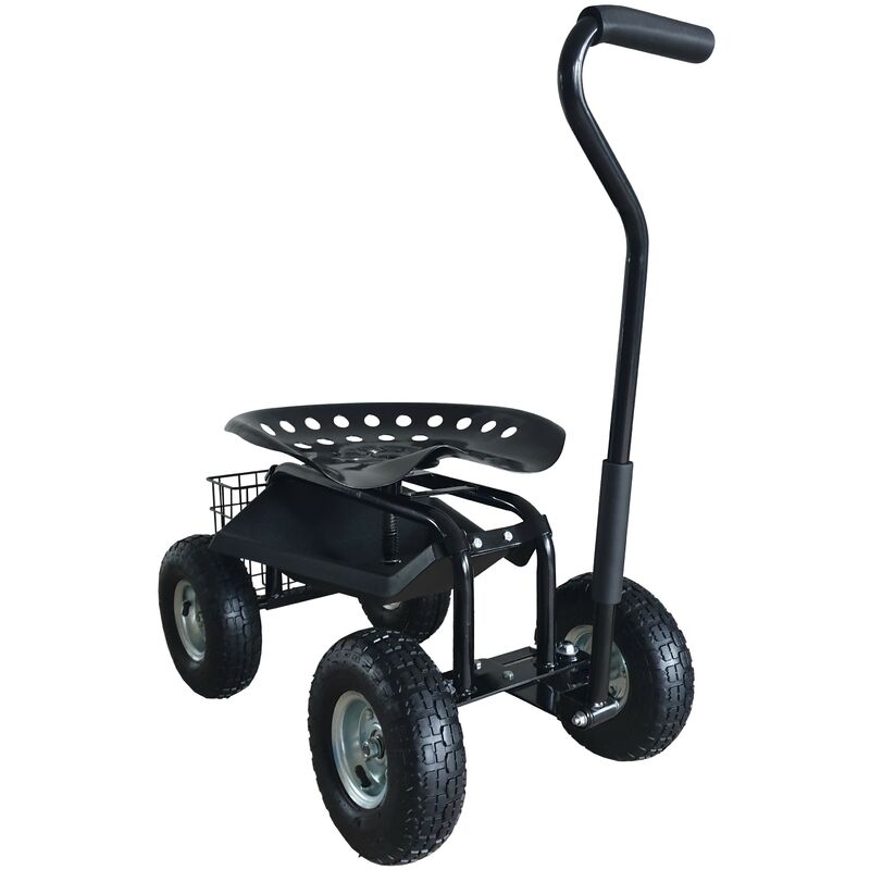 AG22 Siège de jardin sur roues en Noir Tabouret pour jardinier avec bac de rangement Chariot pour le jardinage en métal avec charge max. 150 kg