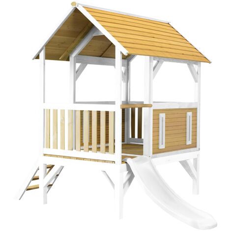 AXI Akela Maison Enfant avec Toboggan Blanc Aire de Jeux pour l'extérieur en marron & blanc Maisonnette / Cabane de Jeu en Bois FSC - Marron