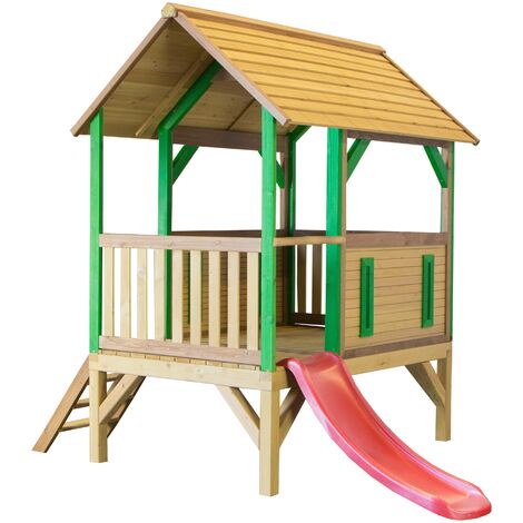 AXI Akela Maison Enfant avec Toboggan rouge Aire de Jeux pour l'extérieur en marron & vert Maisonnette / Cabane de Jeu en Bois FSC - Marron