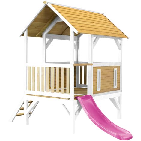 AXI Akela Maison Enfant avec Toboggan Violet Aire de Jeux pour l'extérieur en marron & blanc Maisonnette / Cabane de Jeu en Bois FSC - Marron