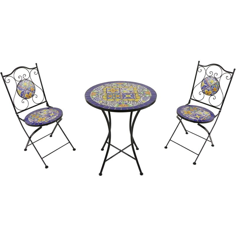 Amélie Table et Chaise Bistrot, 2 Chaises 1 Table, Ensemble Bistro Extérieur Mosaique Bleu/Jaune, Style Mediterranéen - Salon de Jardin Bistrot,
