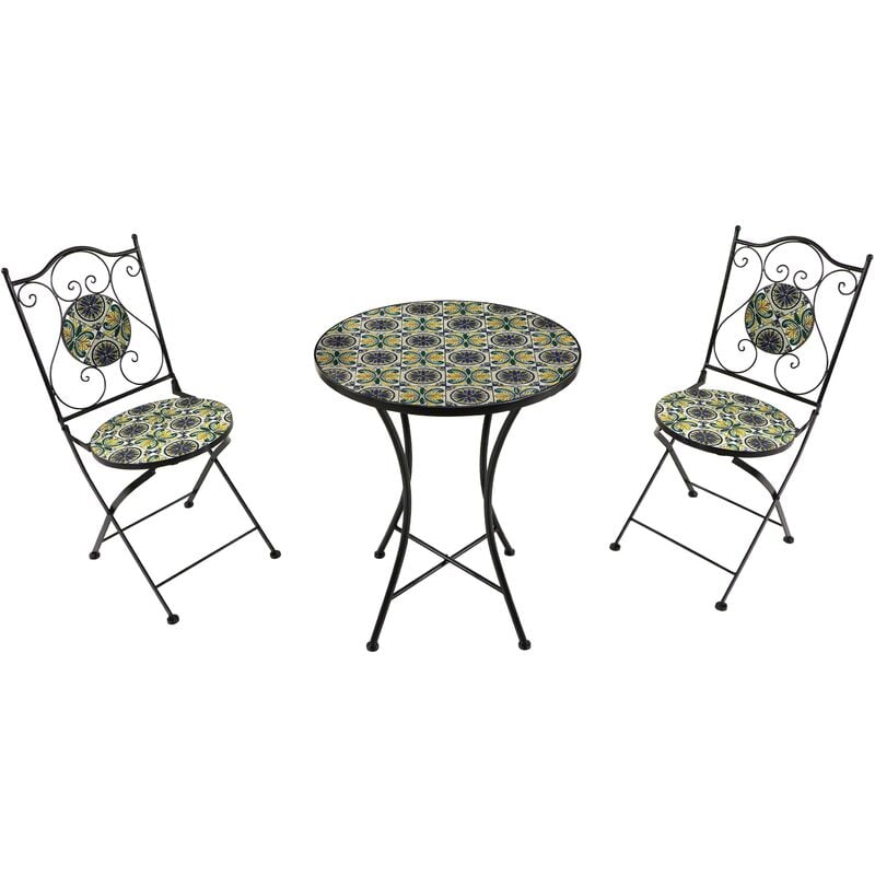 Amélie Table et Chaise Bistrot, 2 Chaises 1 Table, Ensemble Bistro Extérieur Mosaique Bleu/Jaune, Style Sicilien - Salon de Jardin Bistrot, Table