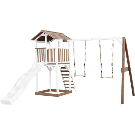 AXI Beach Tower Aire de Jeux avec Toboggan en blanc, 2 Balançoires & Bac à Sable | Grande Maison enfant extérieur en marron & blanc | Cabane de Jeu en Bois FSC