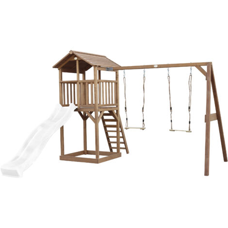 Axi Beach Tower Aire De Jeux Avec Toboggan En Blanc, 2 Balançoires & Bac À Sable  Grande Maison Enfant Extérieur En Marron  Cabane De Jeu En Bois Fsc
