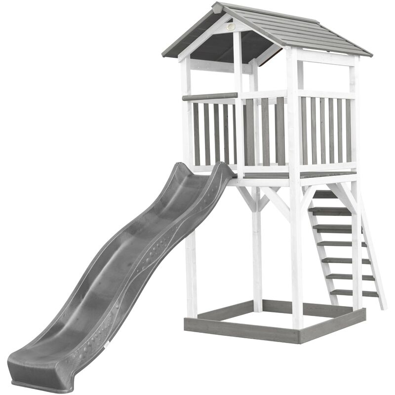 Beach Tower Aire de Jeux avec Toboggan en gris & Bac à Sable Grande Maison enfant extérieur en gris & blanc Cabane de Jeu en Bois fsc - Gris - AXI
