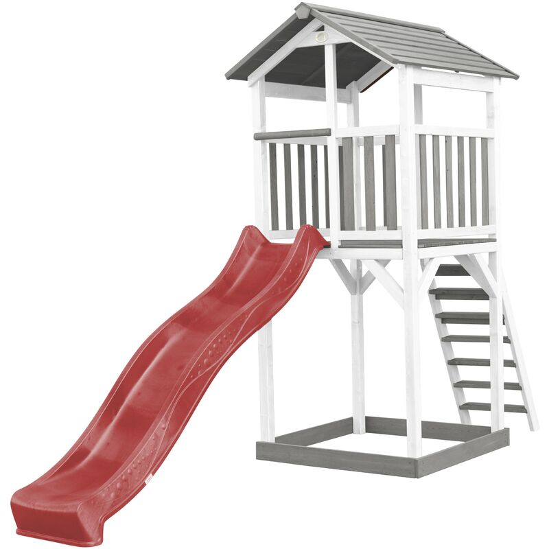 Beach Tower Aire de Jeux avec Toboggan en Rouge & Bac à Sable Grande Maison Enfant extérieur en Gris & Blanc Cabane de Jeu en Bois fsc - Gris - AXI