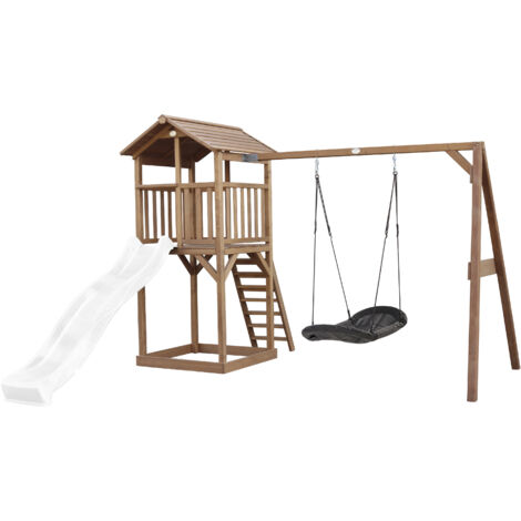 Axi Beach Tower Aire De Jeux Avec Toboggan En Blanc,  Balançoire Nid D'Oiseau Noir & Bac À Sable  Grande Maison Enfant Extérieur En Marron  Cabane De Jeu En Bois Fsc